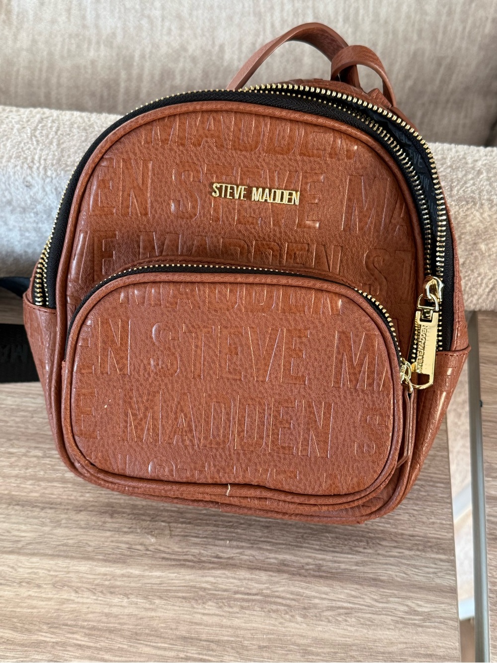 Steve Madden Cognac Faux-Leather Mini Backpack with Embossed Logo